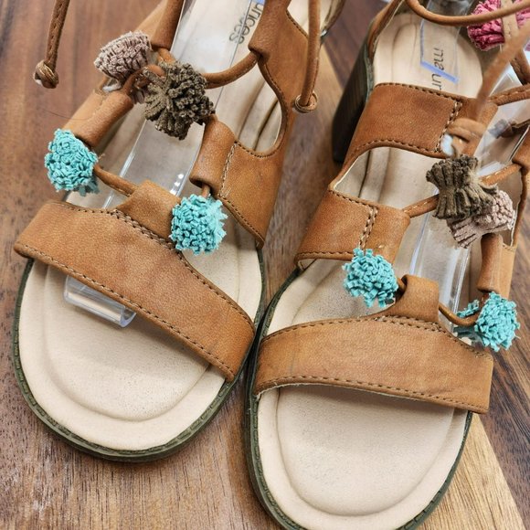 Maurices Ember Sandals 7 Camel Brown Zip Back Strappy Lace Up Tassel Stack Heel - Picture 5 of 13